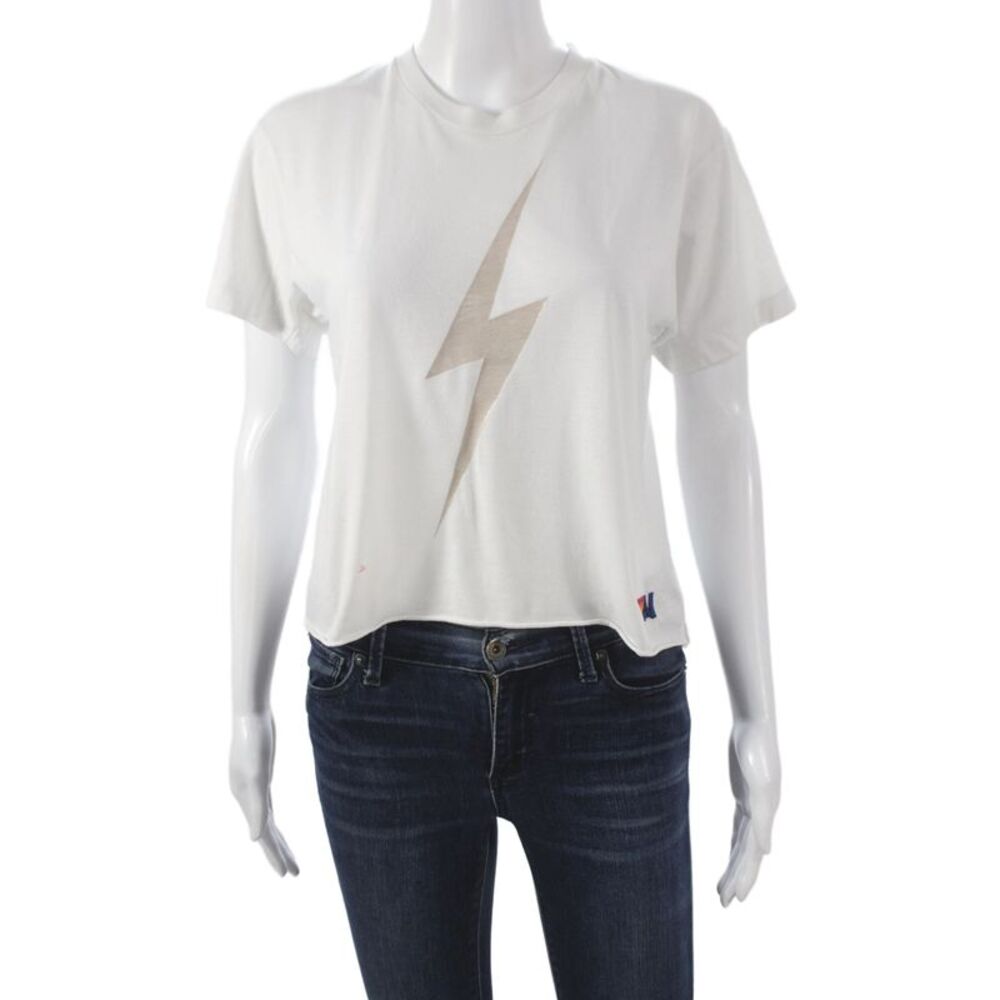 Aviator Nation Women Cropped T-Shirt White Graphic Short Sleeve Size S